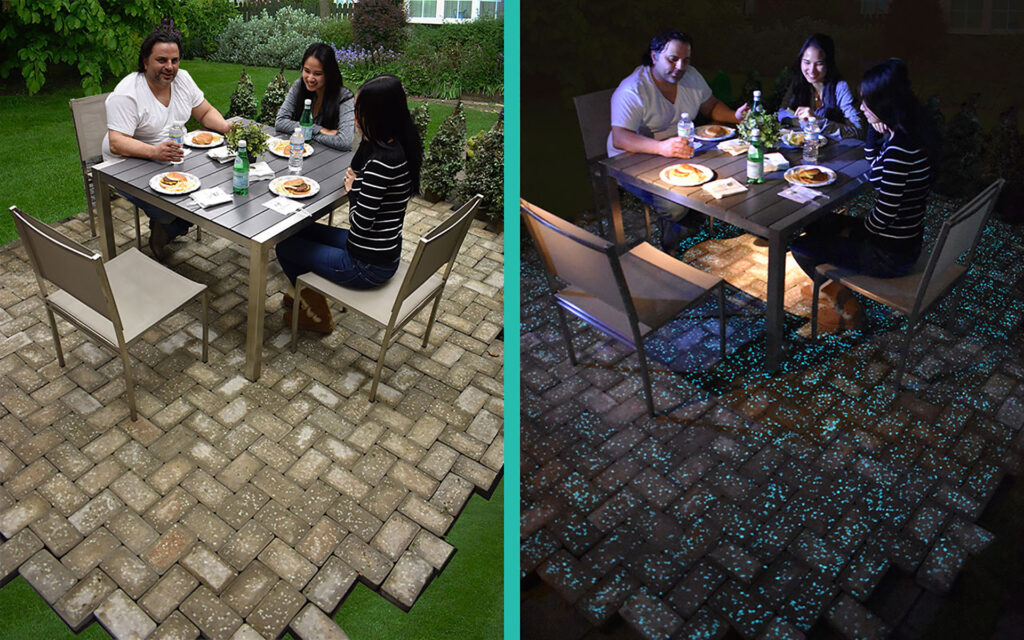 Day time and night time view of Glow Path Paver Patio